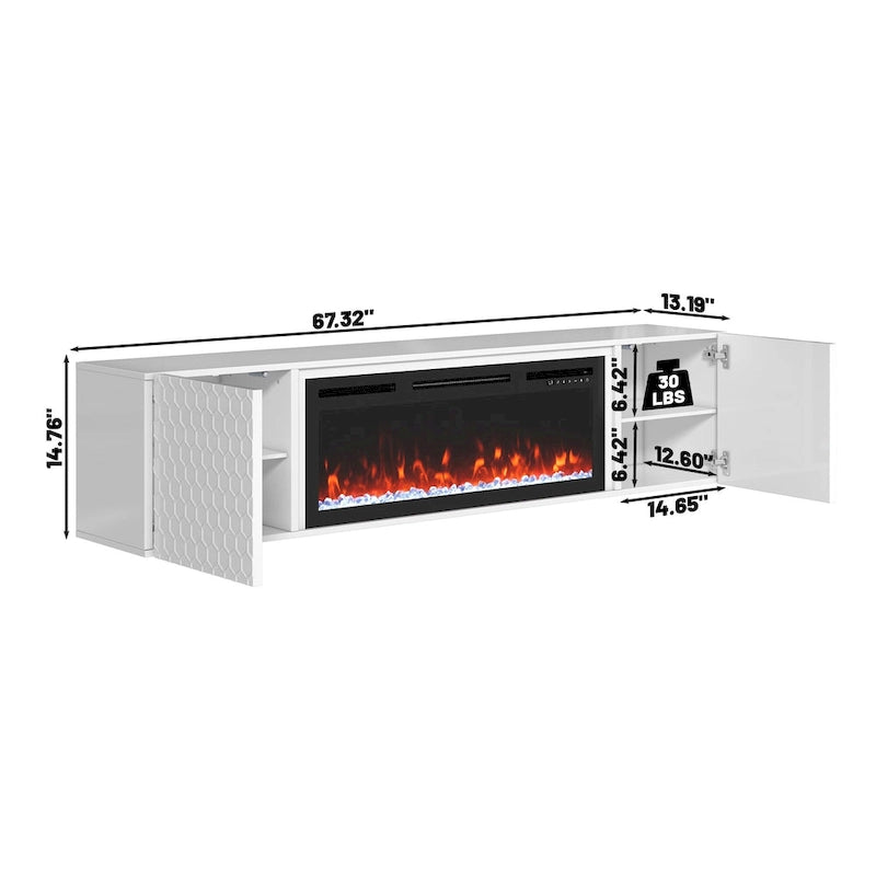 White/Black 67" Wall-Mounted TV Stand with 36" Electric Fireplace, 1-2 Person Assembly