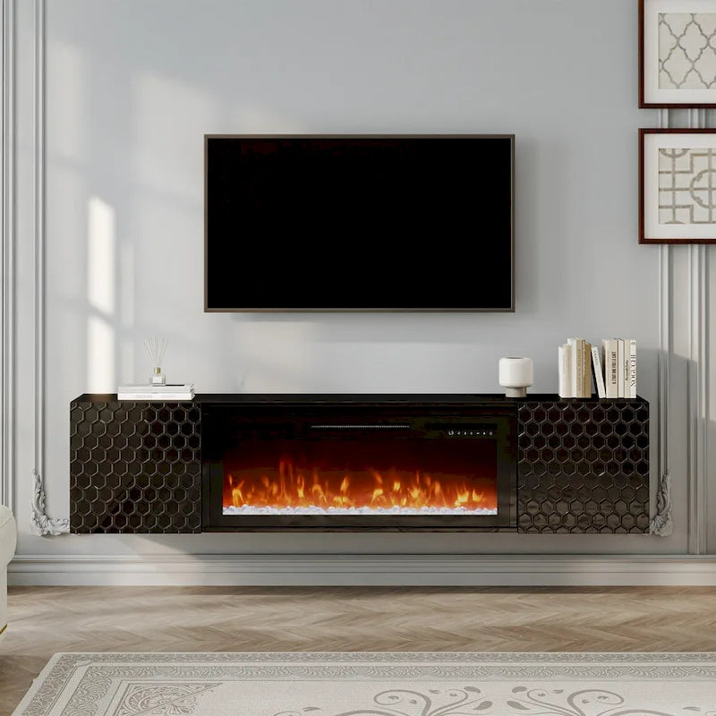 White/Black 67" Wall-Mounted TV Stand with 36" Electric Fireplace, 1-2 Person Assembly