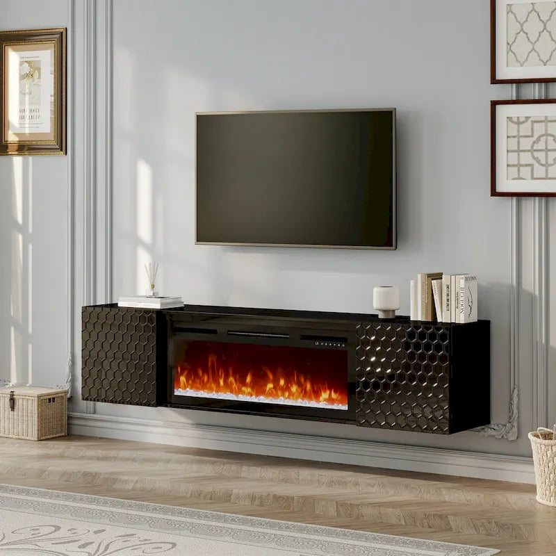 White/Black 67" Wall-Mounted TV Stand with 36" Electric Fireplace, 1-2 Person Assembly