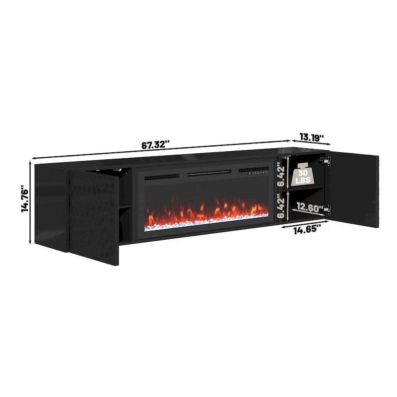 White/Black 67" Wall-Mounted TV Stand with 36" Electric Fireplace, 1-2 Person Assembly