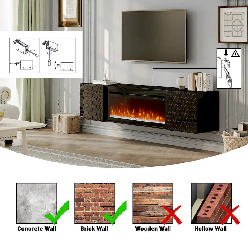 White/Black 67" Wall-Mounted TV Stand with 36" Electric Fireplace, 1-2 Person Assembly