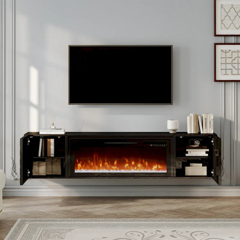 White/Black 67" Wall-Mounted TV Stand with 36" Electric Fireplace, 1-2 Person Assembly