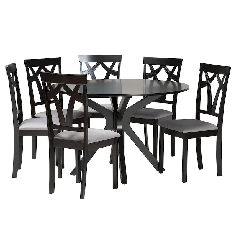 Grey / Dark Brown Modern Round Dining Set – 5-Seat or 7-Seat