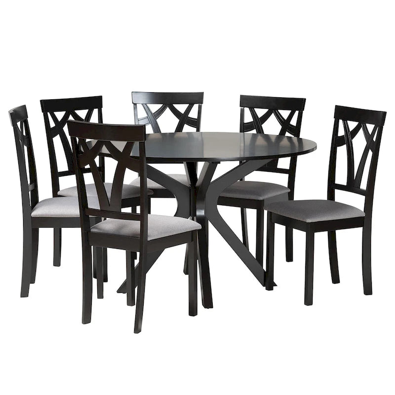Grey / Dark Brown Modern Round Dining Set – 5-Seat or 7-Seat