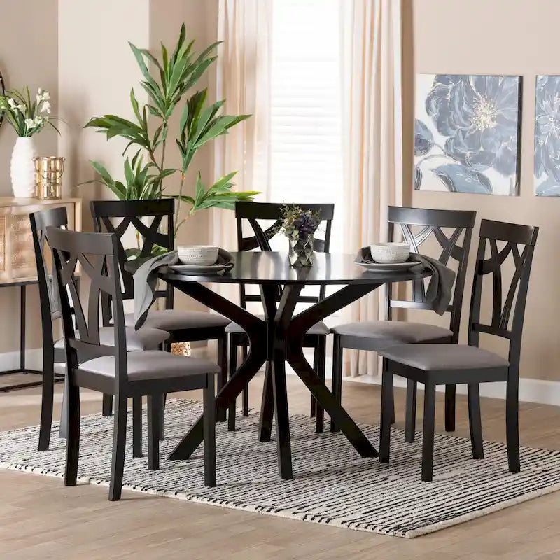 Grey / Dark Brown Modern Round Dining Set – 5-Seat or 7-Seat