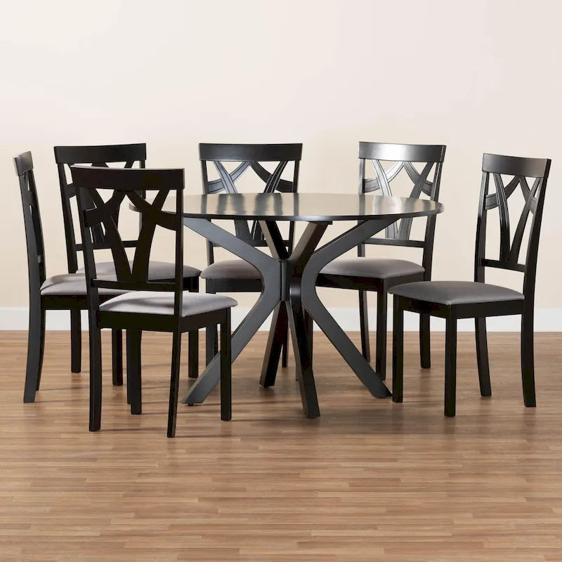 Grey / Dark Brown Modern Round Dining Set – 5-Seat or 7-Seat