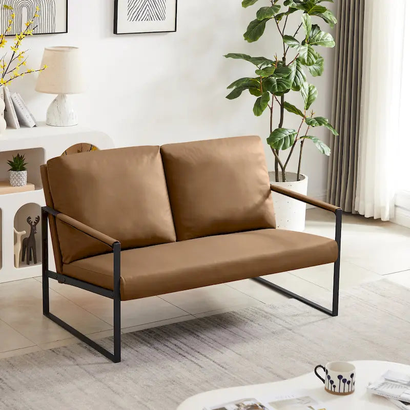 Grey / Light Brown / Orange PU Leather Accent Armchair, Single Seat