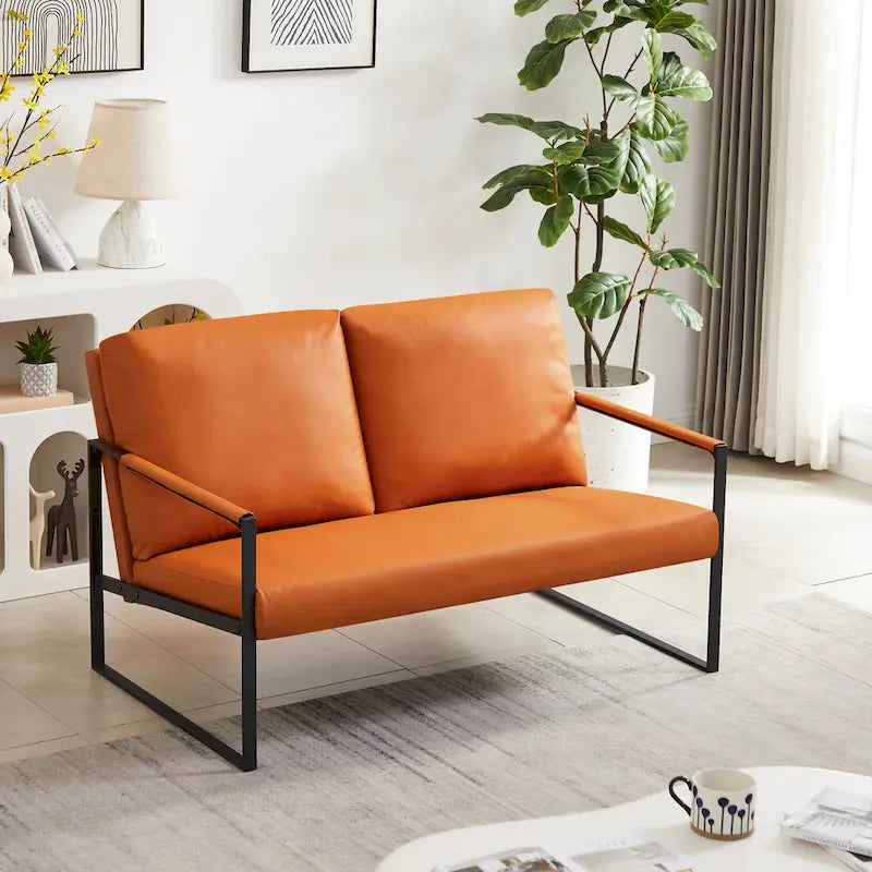 Grey / Light Brown / Orange PU Leather Accent Armchair, Single Seat