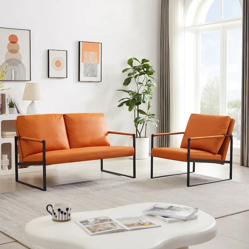 Grey / Light Brown / Orange PU Leather Accent Armchair, Single Seat