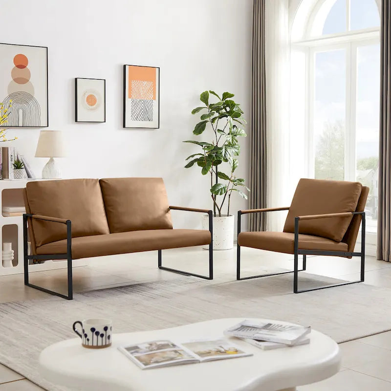 Grey / Light Brown / Orange PU Leather Accent Armchair, Single Seat