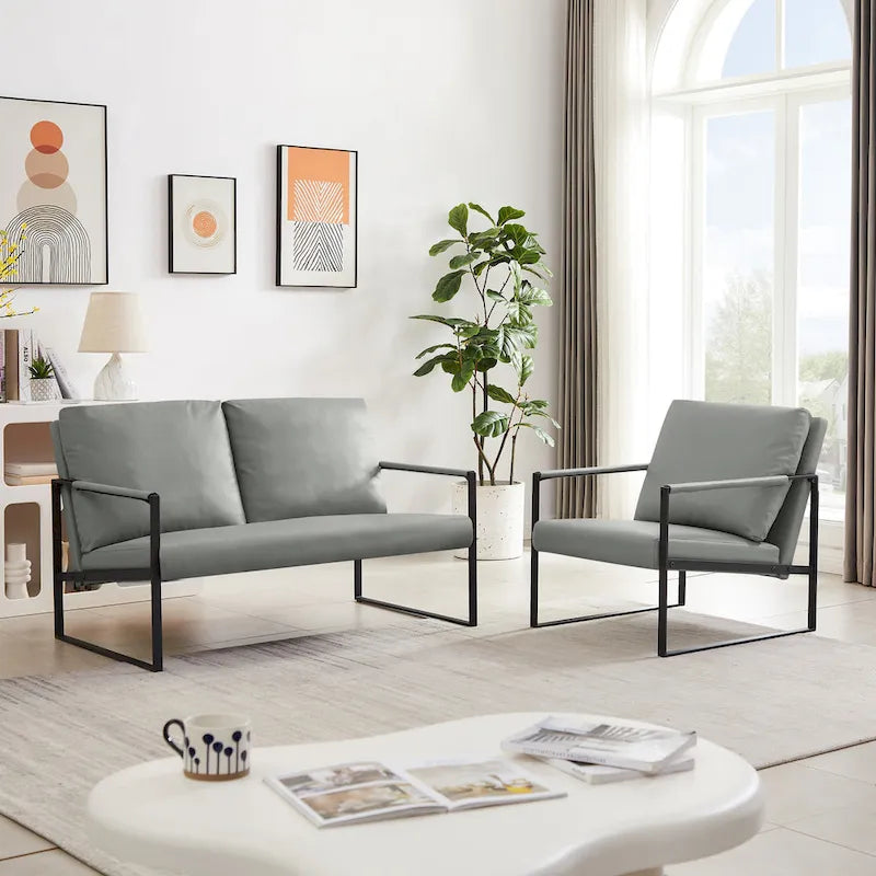 Grey / Light Brown / Orange PU Leather Accent Armchair, Single Seat