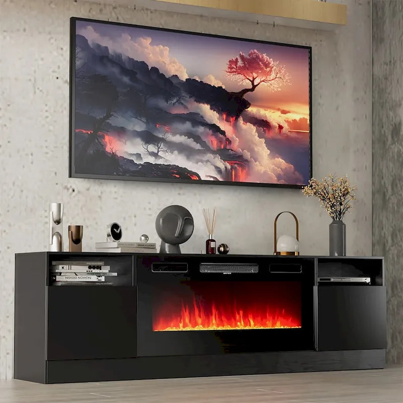 70" TV Stand with 36" Electric Fireplace, Black / White, 1–2 Person Assembly