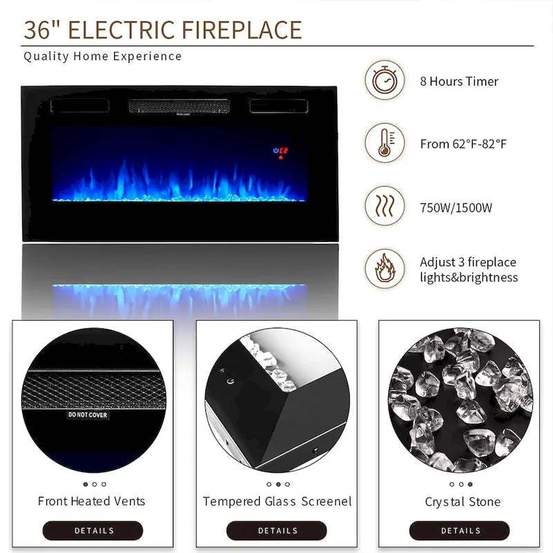 70" TV Stand with 36" Electric Fireplace, Black / White, 1–2 Person Assembly