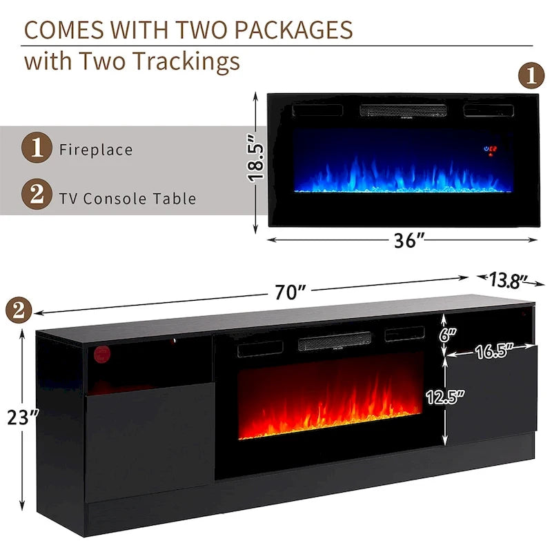 70" TV Stand with 36" Electric Fireplace, Black / White, 1–2 Person Assembly