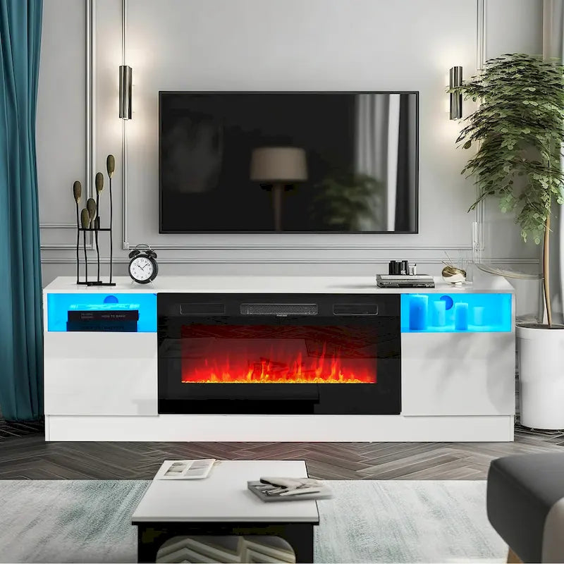70" TV Stand with 36" Electric Fireplace, Black / White, 1–2 Person Assembly