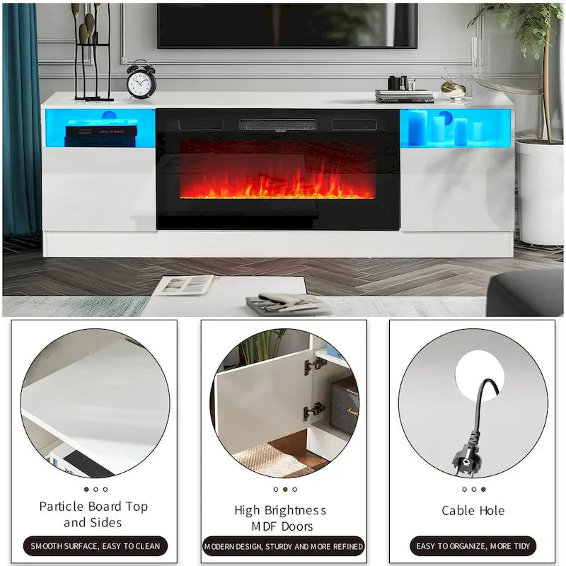 70" TV Stand with 36" Electric Fireplace, Black / White, 1–2 Person Assembly