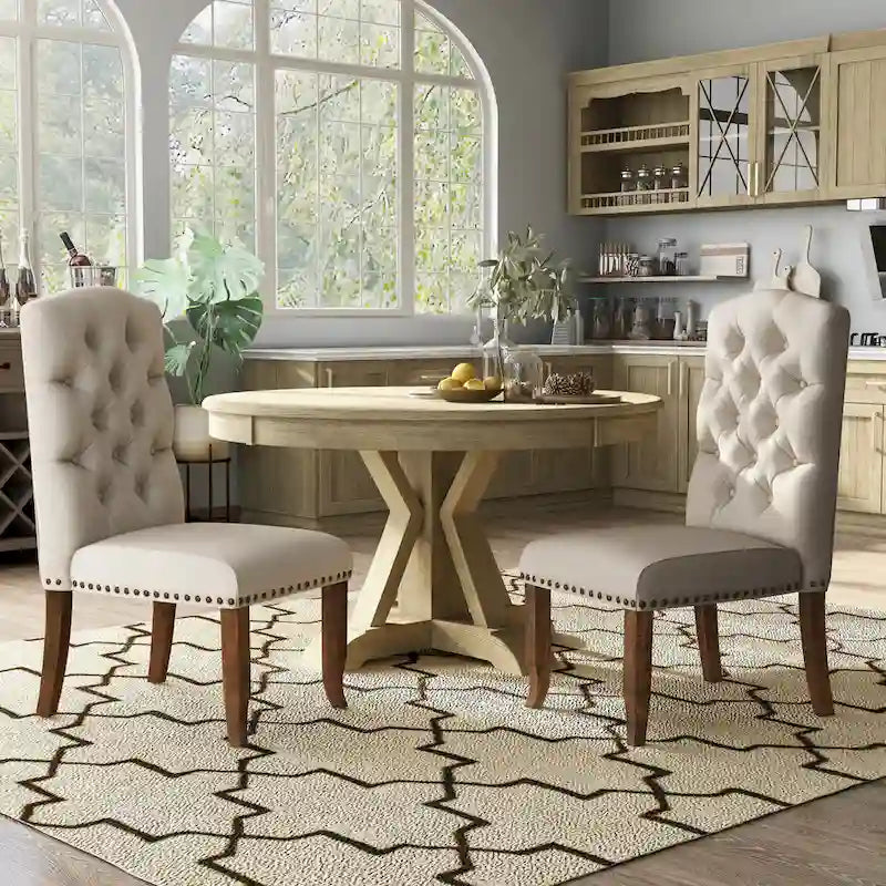Ivory / Dark Grey / Light Grey Farmhouse Tufted Dining Chair, Armless Style, Set of 2
