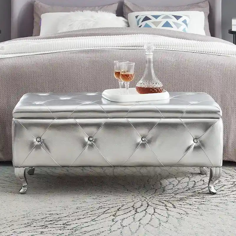 Black/White/Silver Tufted Storage Ottoman Bench, Faux Leather Flip Top, 2-Person