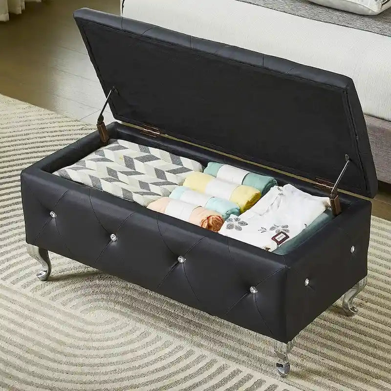 Black/White/Silver Tufted Storage Ottoman Bench, Faux Leather Flip Top, 2-Person
