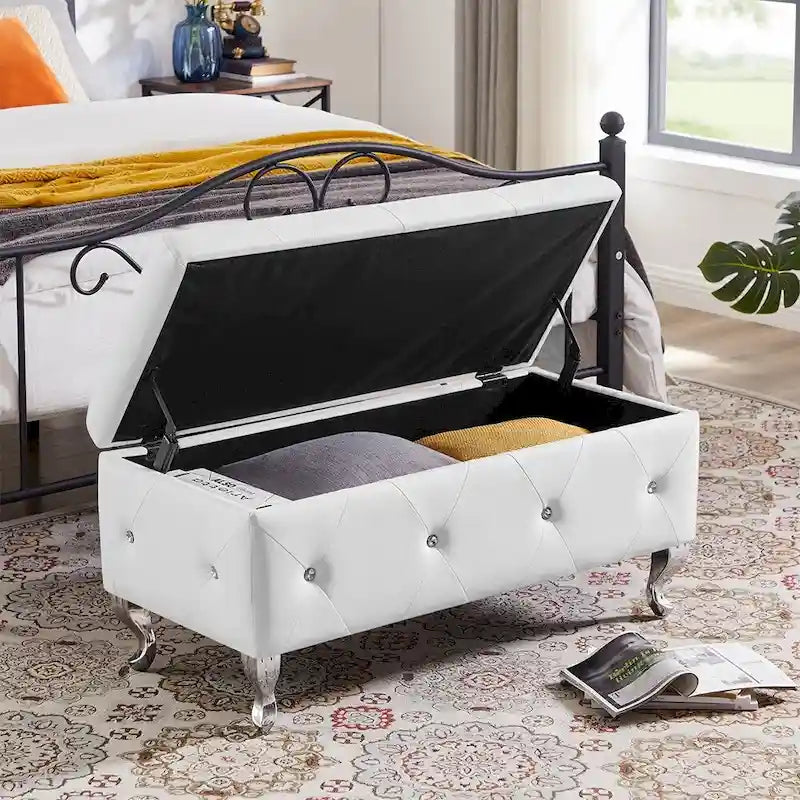Black/White/Silver Tufted Storage Ottoman Bench, Faux Leather Flip Top, 2-Person