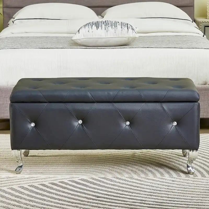 Black/White/Silver Tufted Storage Ottoman Bench, Faux Leather Flip Top, 2-Person