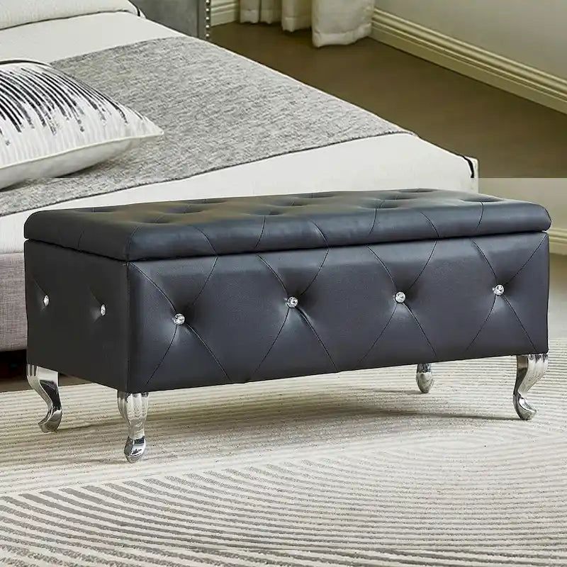 Black/White/Silver Tufted Storage Ottoman Bench, Faux Leather Flip Top, 2-Person