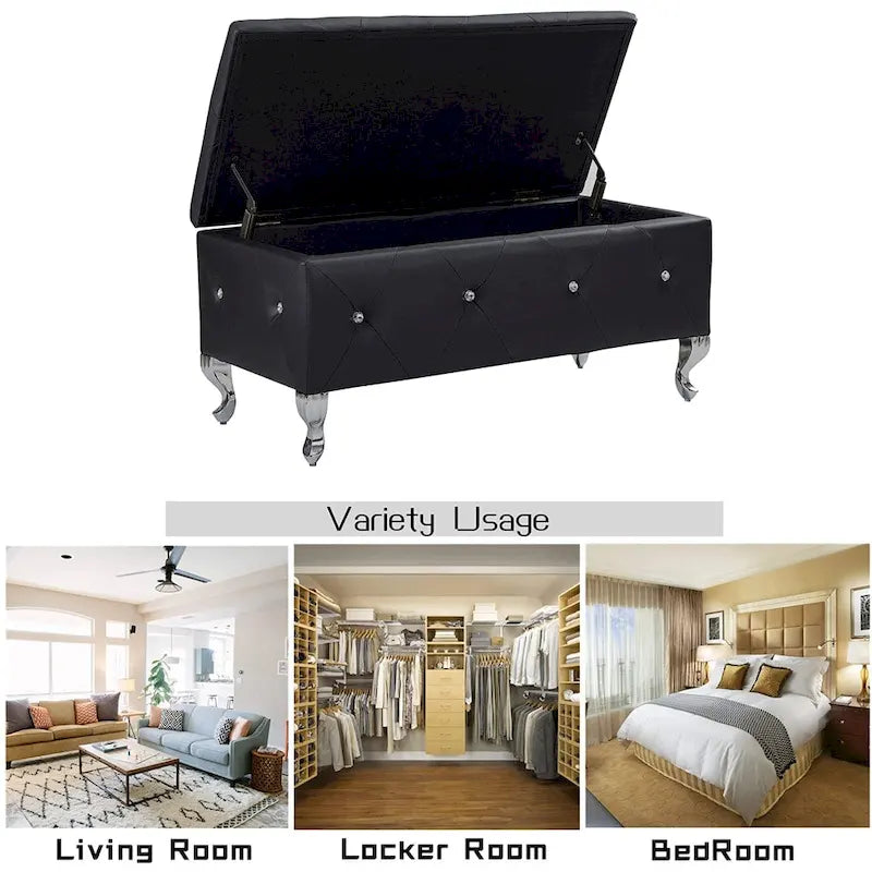 Black/White/Silver Tufted Storage Ottoman Bench, Faux Leather Flip Top, 2-Person