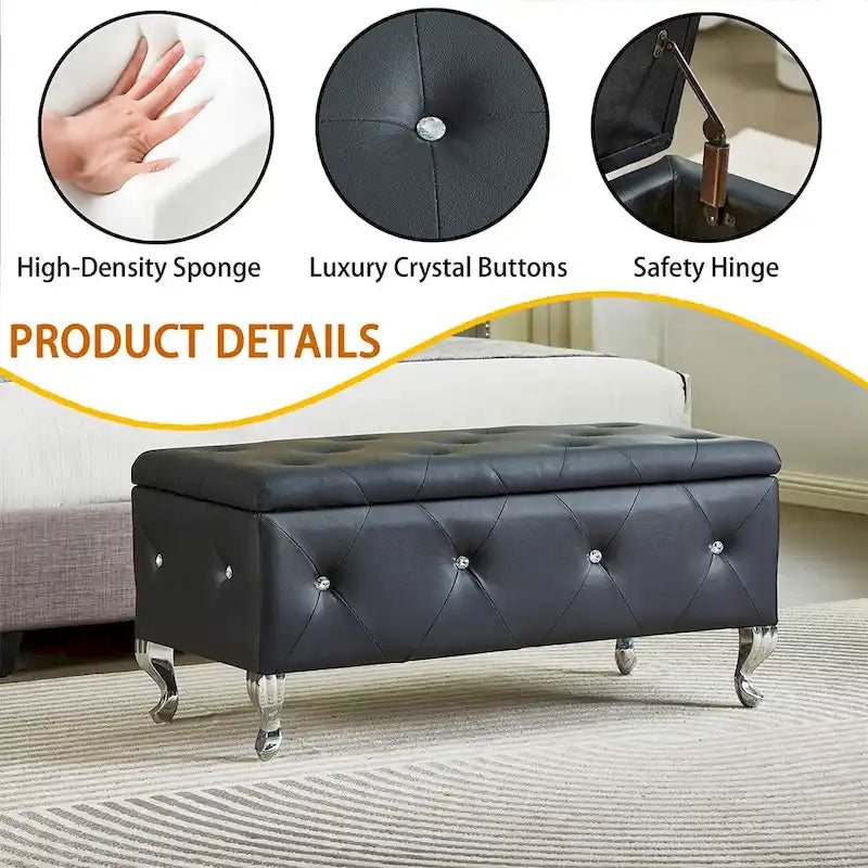 Black/White/Silver Tufted Storage Ottoman Bench, Faux Leather Flip Top, 2-Person