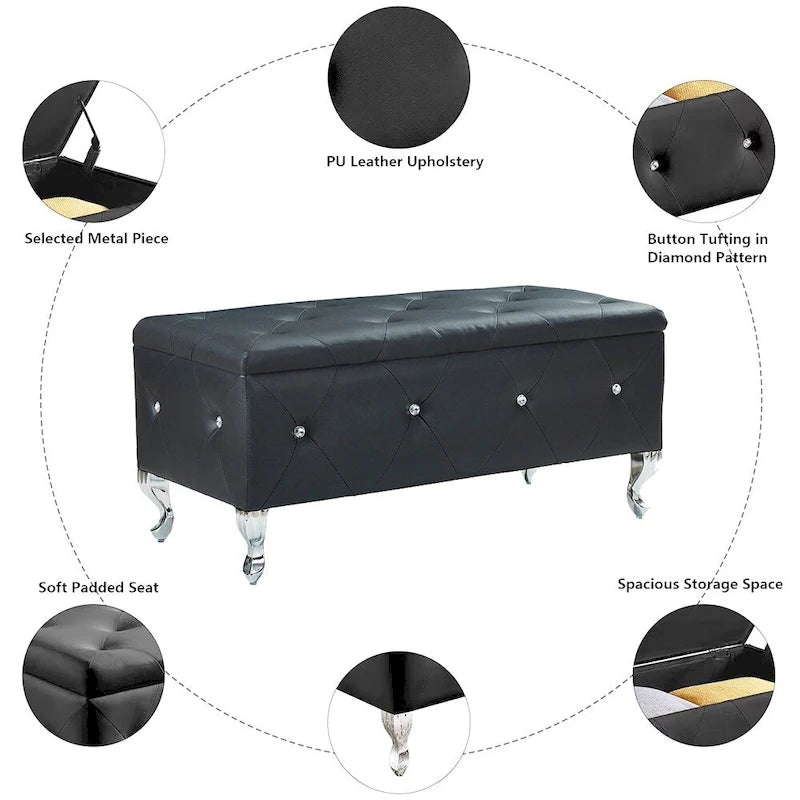 Black/White/Silver Tufted Storage Ottoman Bench, Faux Leather Flip Top, 2-Person