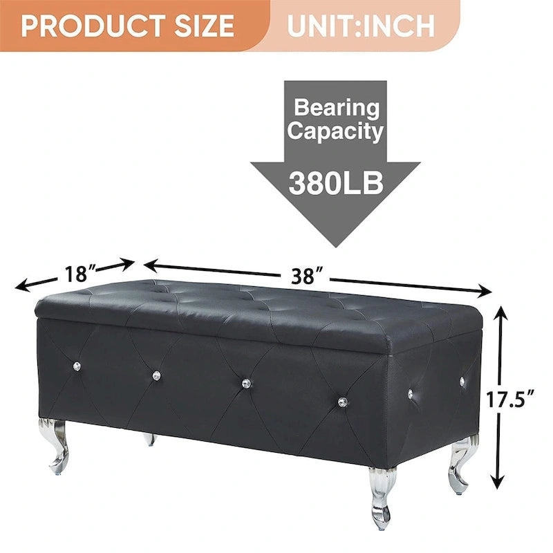 Black/White/Silver Tufted Storage Ottoman Bench, Faux Leather Flip Top, 2-Person