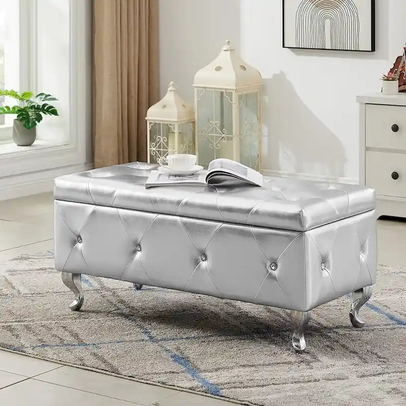 Black/White/Silver Tufted Storage Ottoman Bench, Faux Leather Flip Top, 2-Person