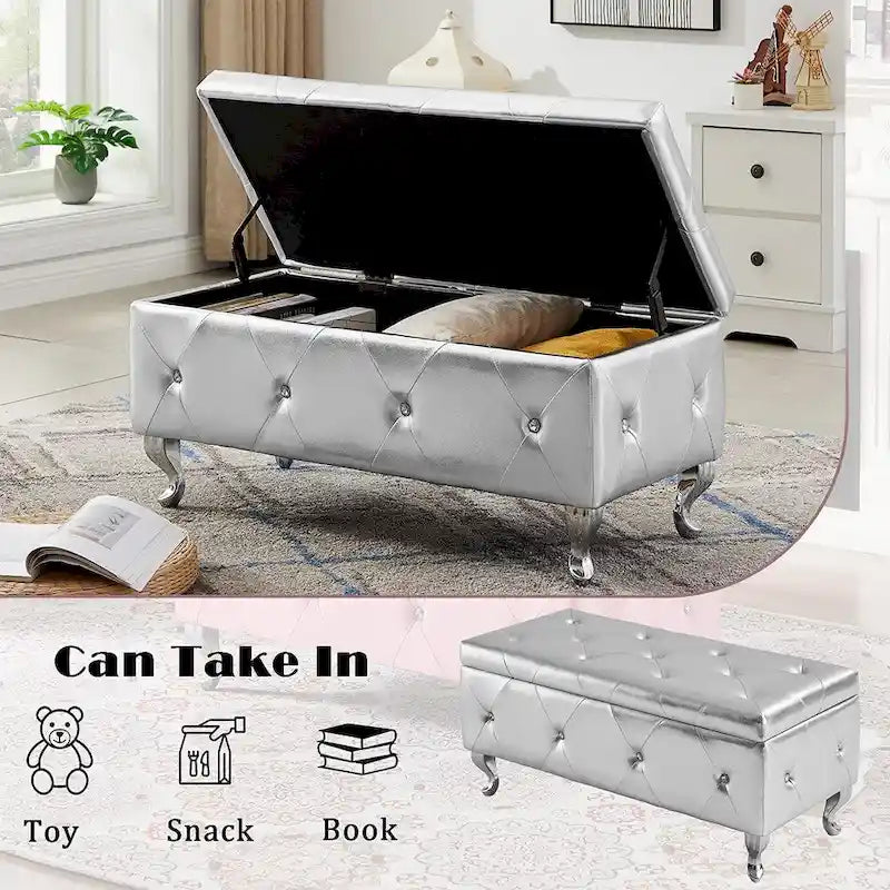 Black/White/Silver Tufted Storage Ottoman Bench, Faux Leather Flip Top, 2-Person