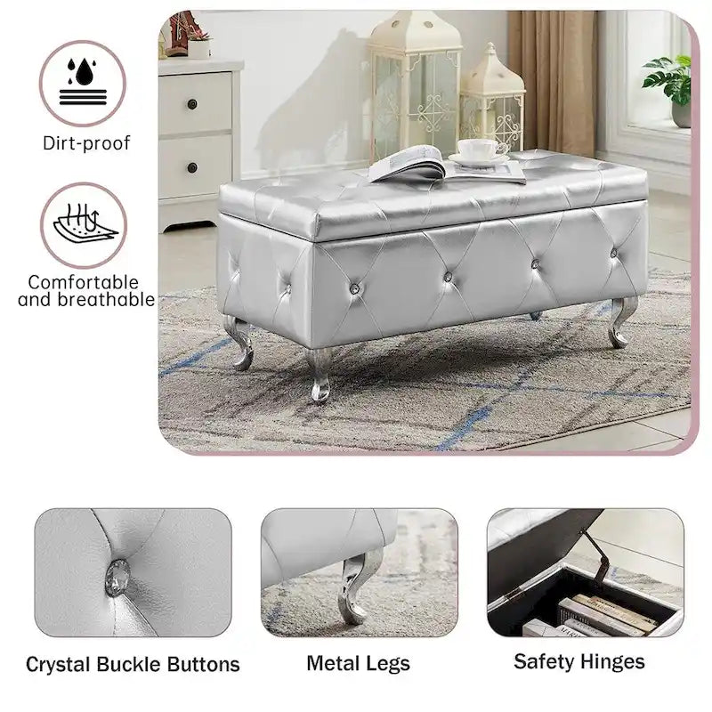 Black/White/Silver Tufted Storage Ottoman Bench, Faux Leather Flip Top, 2-Person