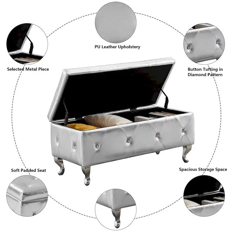 Black/White/Silver Tufted Storage Ottoman Bench, Faux Leather Flip Top, 2-Person