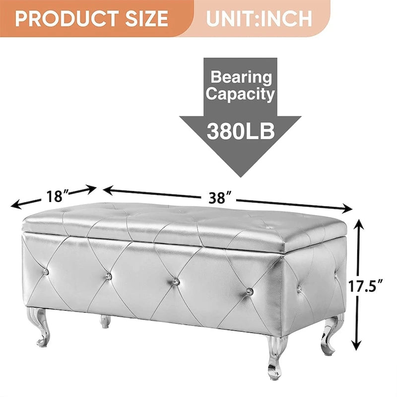 Black/White/Silver Tufted Storage Ottoman Bench, Faux Leather Flip Top, 2-Person