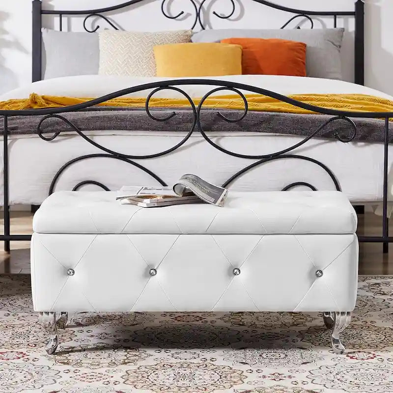 Black/White/Silver Tufted Storage Ottoman Bench, Faux Leather Flip Top, 2-Person