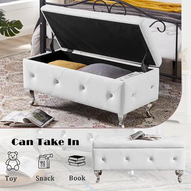 Black/White/Silver Tufted Storage Ottoman Bench, Faux Leather Flip Top, 2-Person