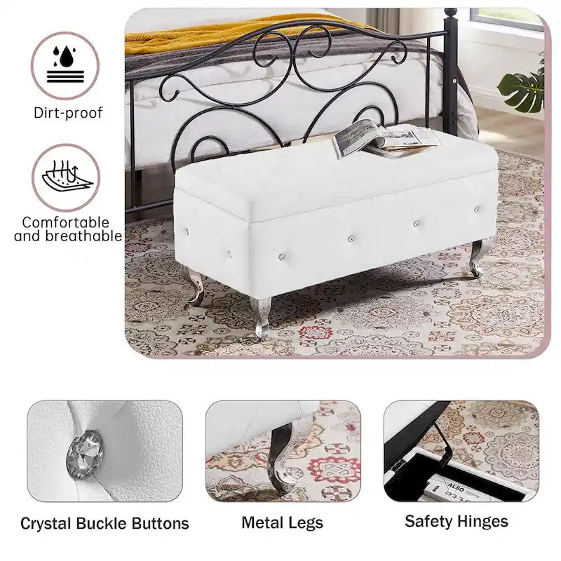 Black/White/Silver Tufted Storage Ottoman Bench, Faux Leather Flip Top, 2-Person