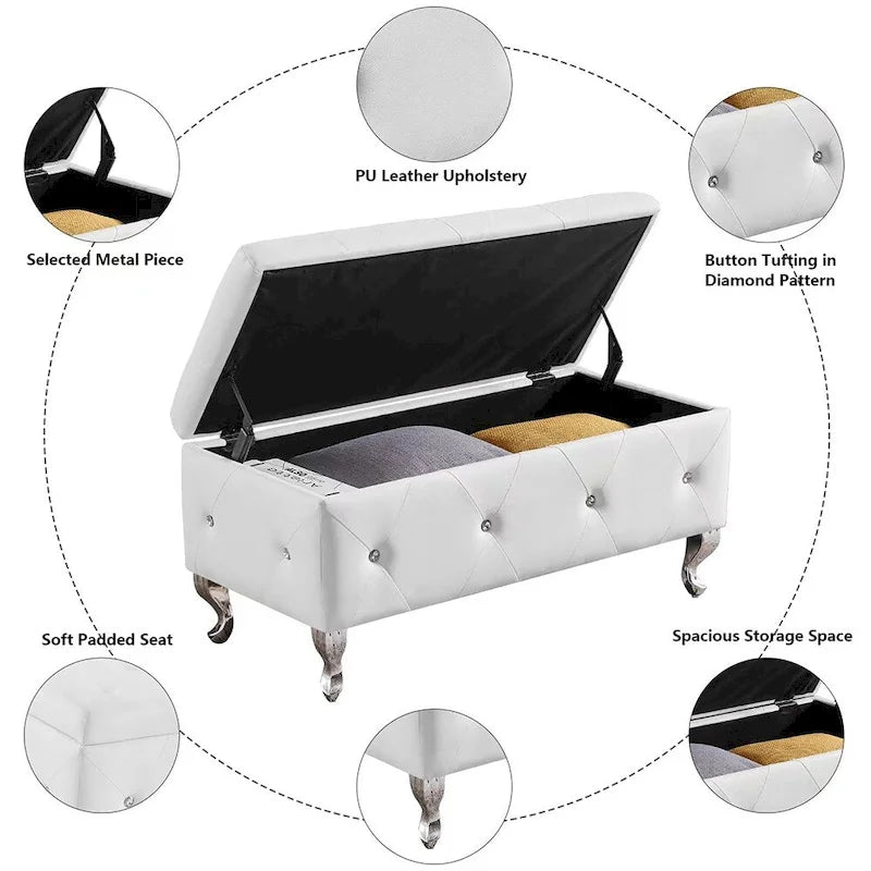 Black/White/Silver Tufted Storage Ottoman Bench, Faux Leather Flip Top, 2-Person
