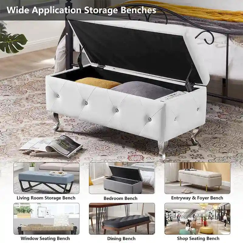 Black/White/Silver Tufted Storage Ottoman Bench, Faux Leather Flip Top, 2-Person