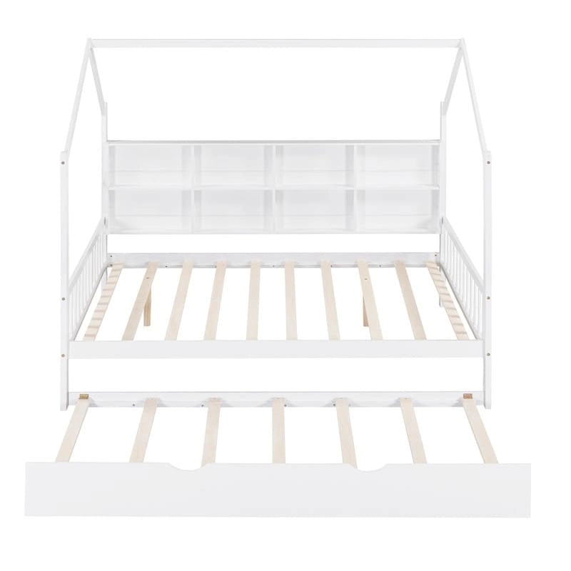 Wooden Full Size House Bed with Trundle,Kids Bed with Shelf
