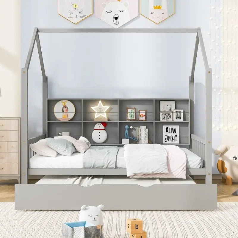 Wooden Full Size House Bed with Trundle,Kids Bed with Shelf