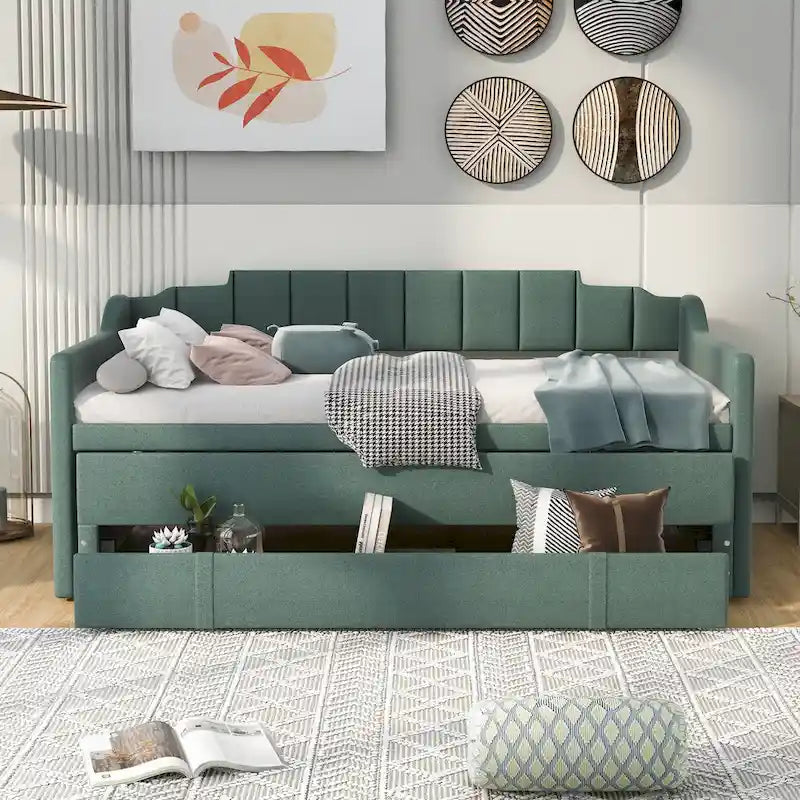 Nestfair Twin Size Upholstered Daybed with Trundle and Three Drawers