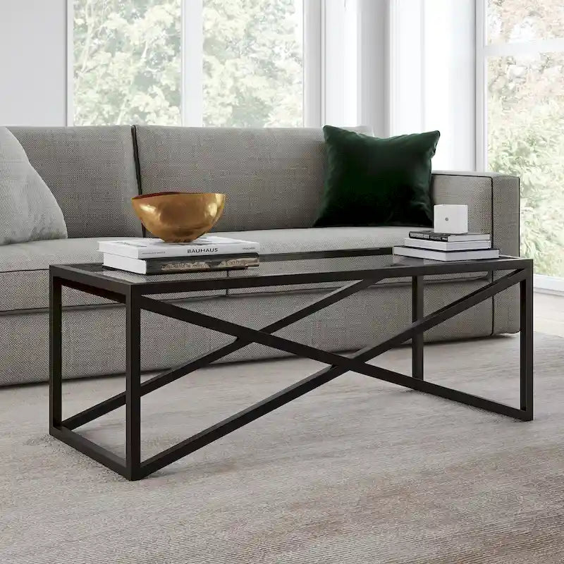 Blackened Bronze / Brass X-Base Glass Coffee Table
