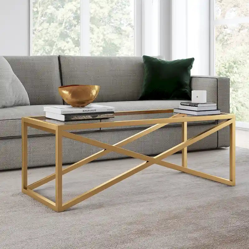 Blackened Bronze / Brass X-Base Glass Coffee Table
