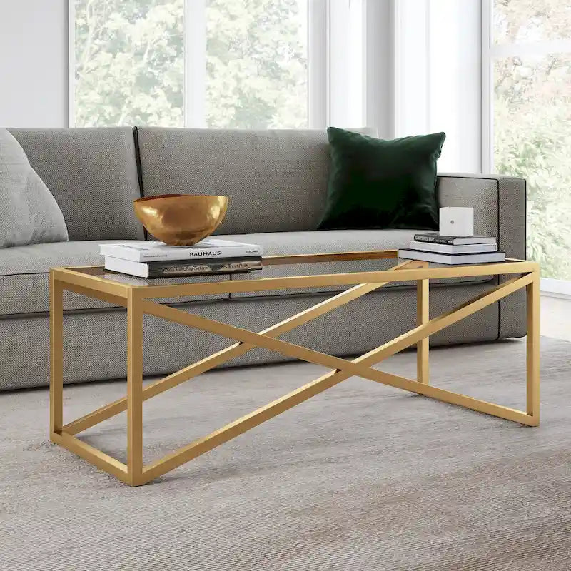 Blackened Bronze / Brass X-Base Glass Coffee Table
