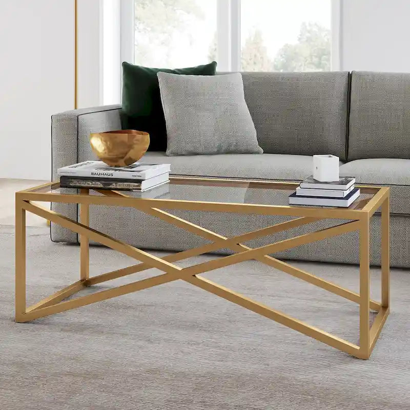 Blackened Bronze / Brass X-Base Glass Coffee Table