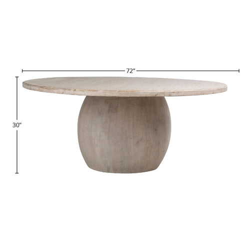 72" Round Dining Table, Distressed White, Ball Pedestal Base, Seats 6-8