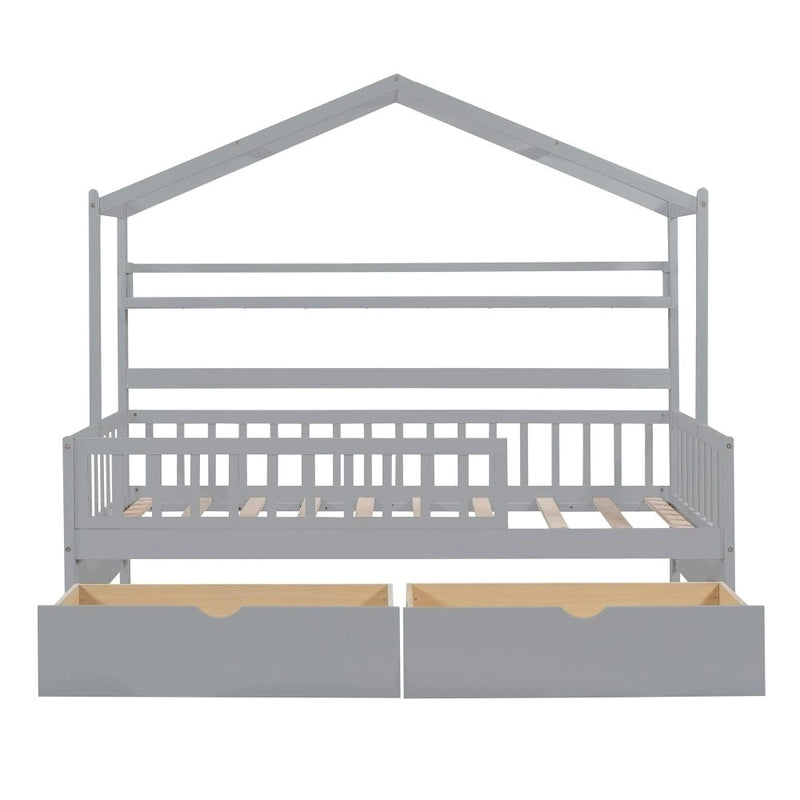 Wooden Twin Size House Bed with 2 Drawers,Kids Bed with Storage Shelf, White