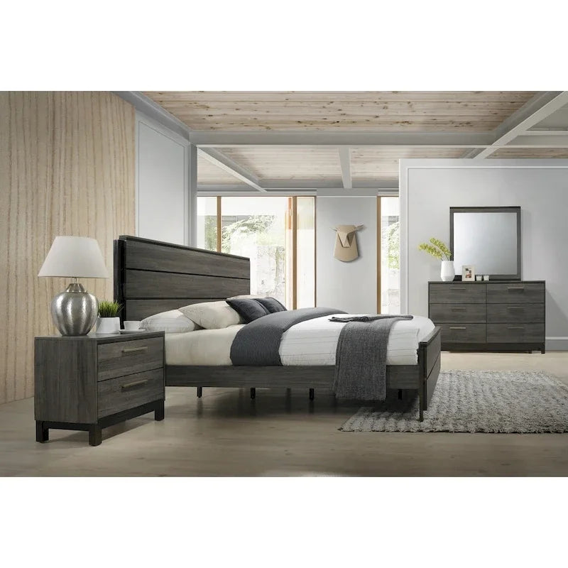  Ioana 187 Antique Grey Finish Wood Bed Room Set, Queen Size Bed, Dresser, Mirror, Night Stand